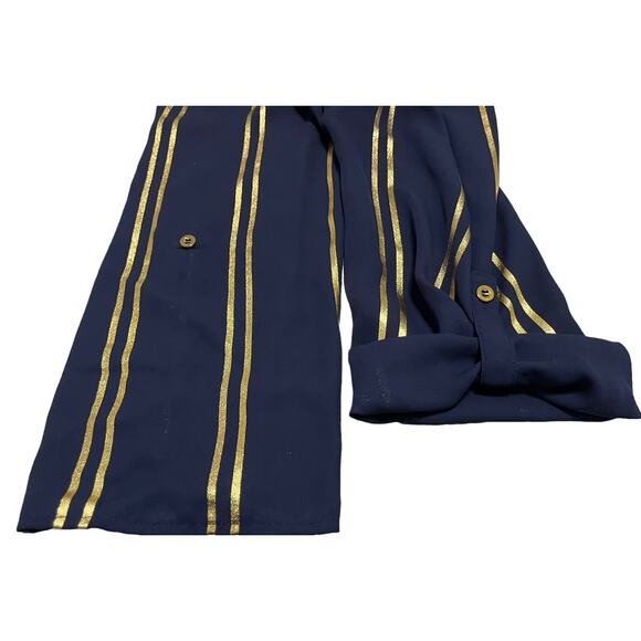 J FOR JUSTIFY LONG SLEEVE V-NECK ZIP FRONT TOP, WOMENS, XL, NAVY W/GOLD STRIPES - Picture 7 of 10